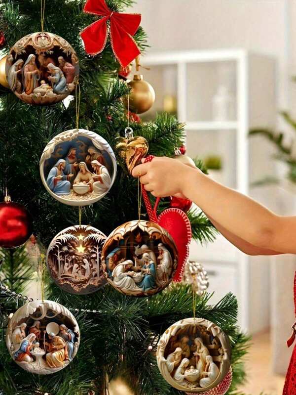 1/6pcs Wooden Visual Nativity Scene Pendant, Jesus Nativity Tree Pendant Decoration,Nativity Scene Virgin Mary Gift Thanksgiving Gift ,For Mom Gift For Window Decoration Room Decoration Wall,Creative New Ornament For Decoration Home Decor Christmas Decorations Christmas