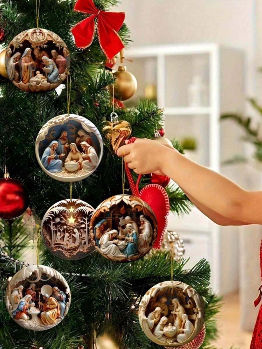 1/6pcs Wooden Visual Nativity Scene Pendant, Jesus Nativity Tree Pendant Decoration,Nativity Scene Virgin Mary Gift Thanksgiving Gift ,For Mom Gift For Window Decoration Room Decoration Wall,Creative New Ornament For Decoration Home Decor Christmas Decorations Christmas