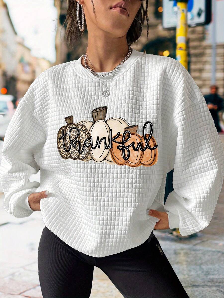 Thanksgiving Graphic Print Casual Sports Waffle Knit Sweatshirt - White - View 1