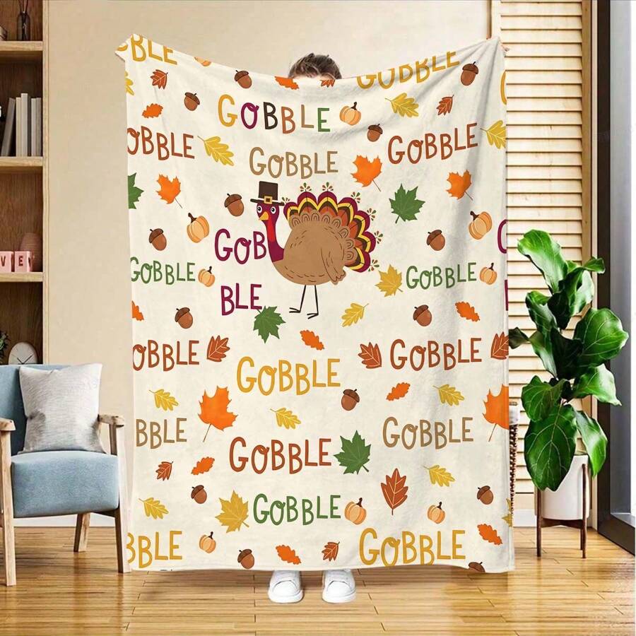 1pc Creative Turkey, Pumpkin Leaf & Gobble Letter Patterned Blanket, Suitable For Thanksgiving, Halloween, Christmas, Fall, Plush & Warm Thick Digital Printed Quality Throw Blanket, Great Gift For Family And Friends, Multipurpose For Office, Bed, Sofa, Dorm, Home, Room Decor - Multicolor - View 1