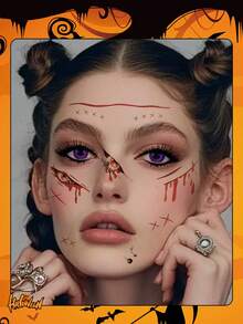 1pc Halloween Face Sticker, Scar & Blood Temporary Tattoo, Waterproof & Sweat-Resistant, Disposable Tattoo Sticker, Unisex, Suitable For Face, Neck, Arms And Other Body Parts, Creating Realistic Tattoo Effect - Multicolor - View 2