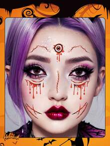 1pc Halloween Face Sticker, Scar & Blood Temporary Tattoo, Waterproof & Sweat-Resistant, Disposable Tattoo Sticker, Unisex, Suitable For Face, Neck, Arms And Other Body Parts, Creating Realistic Tattoo Effect - Multicolor - View 3