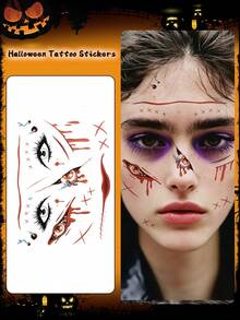 1pc Halloween Face Sticker, Scar & Blood Temporary Tattoo, Waterproof & Sweat-Resistant, Disposable Tattoo Sticker, Unisex, Suitable For Face, Neck, Arms And Other Body Parts, Creating Realistic Tattoo Effect - Multicolor - View 6