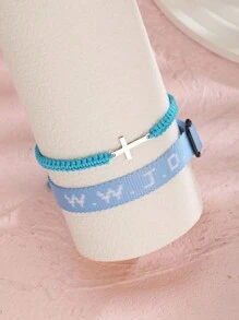 2pcs/Set Minimalist Stainless Steel Cross Bracelets & Wwjd Letter What Would Jesus Do Christian Jewelry Jacquard Knit Wristband Bracelet Set For Women For Party Jewelry