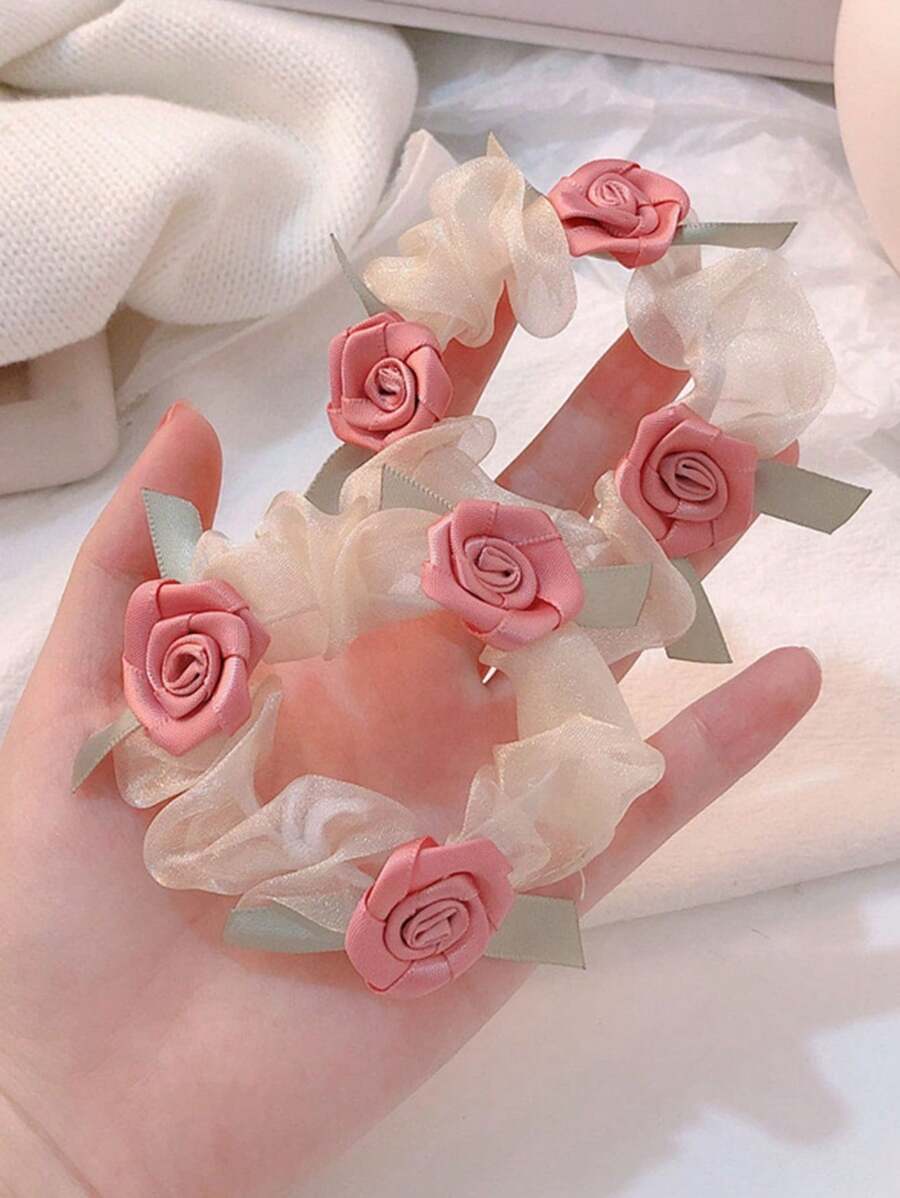 2 件装白色玫瑰花发带，适合女士马尾辫、芭蕾舞者发髻发型，可爱 - 白色 - 查看 1