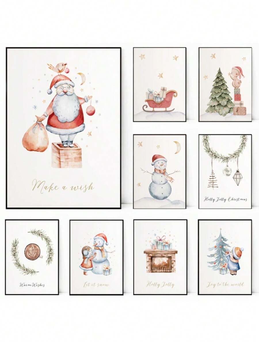 1 件圣诞节海报可爱卡通绘画海报麋鹿圣诞老人帆布印刷节日海报墙壁艺术装饰画家居装饰无框，圣诞礼物 - 彩色 - 查看 1