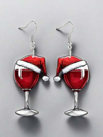 1 Pair Of Christmas Red Wine Glasses Christmas Hat Atmosphere Festive Earrings Ladies Wear Daily Earrings