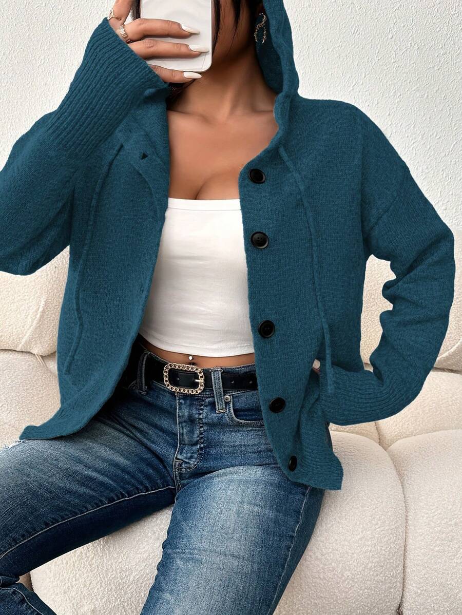 大码女式纯色纽扣抽绳开衫，长袖轻薄单排扣休闲商务毛衣