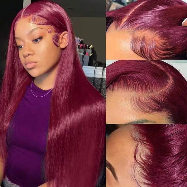 99J Burgunder Spitzenfront Perücken Echthaar Weinrot Gerade 13x4 HD Spitzenfront Perücken Echthaar Vorgezupft mit Baby Haar Klebefrei 180% Dichte Natürliche Haaransatz mit Baby Haar Halloween Kostüme