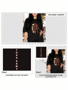 定制个性化时尚橄榄球图案印花宽松休闲运动圆领落肩短袖中长款T恤女（可定制各种图案/照片、礼品） - 黑色 - 查看 4