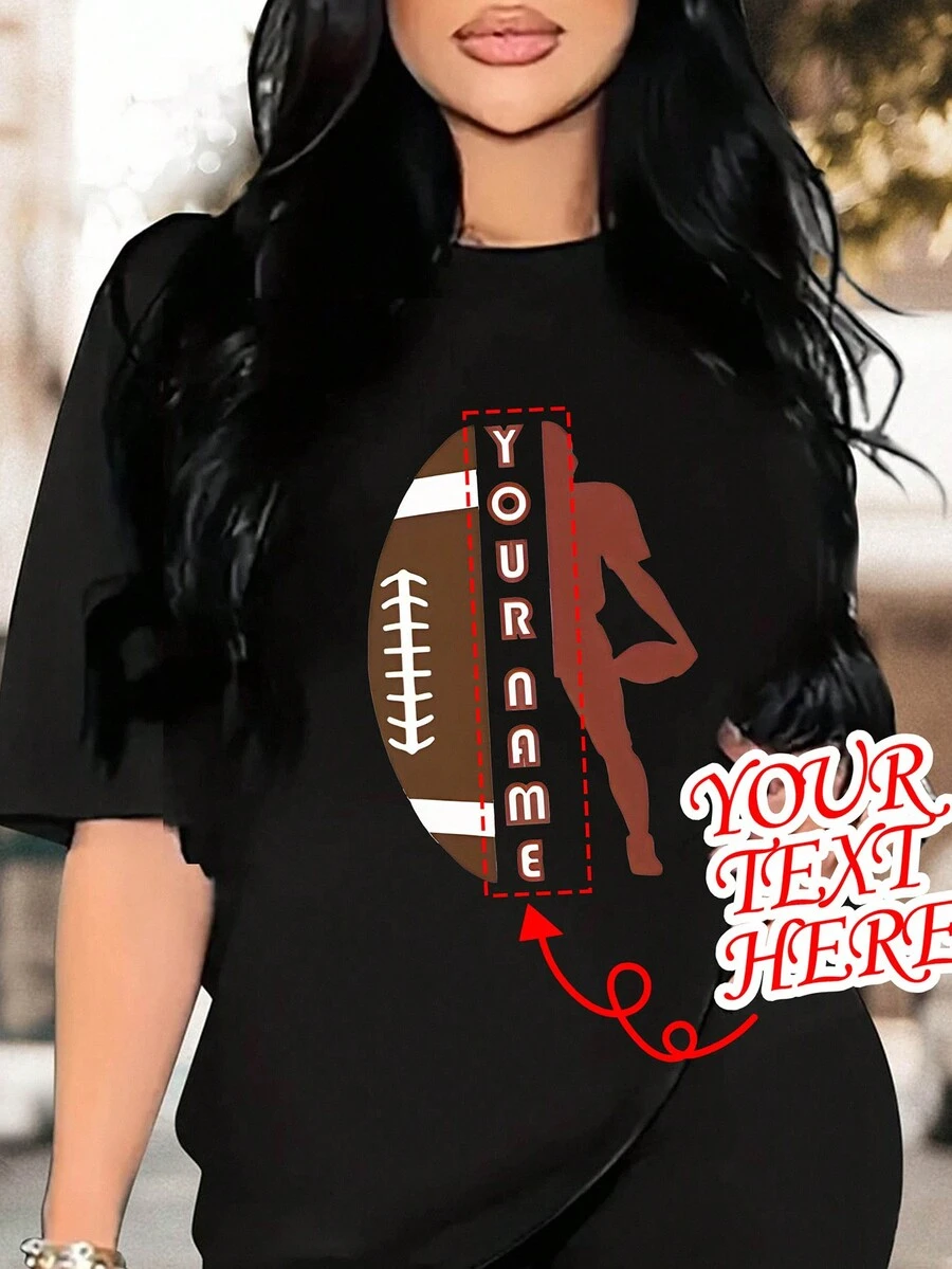 定制个性化时尚橄榄球图案印花宽松休闲运动圆领落肩短袖中长款T恤女（可定制各种图案/照片、礼品） - 黑色 - 查看 1