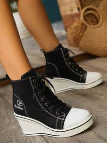 Women's Autumn New Love Embroidered High-Top Lace-Up Canvas Casual Shoes, Platform Thick Sole Fashionable Sneakers - Black - View 5