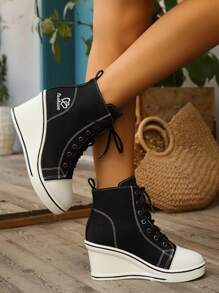 Women's Autumn New Love Embroidered High-Top Lace-Up Canvas Casual Shoes, Platform Thick Sole Fashionable Sneakers - Black - View 1