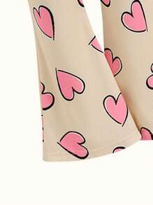 2pcs/Set Young Girl' Casual Letter Print Long Sleeve Hoodie And Heart Graphic Flare Pants Set, Spring Autumn - Yellow - View 6