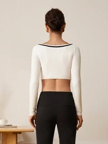 Women Round Neck Cropped Knit Cardigan - White - View 2