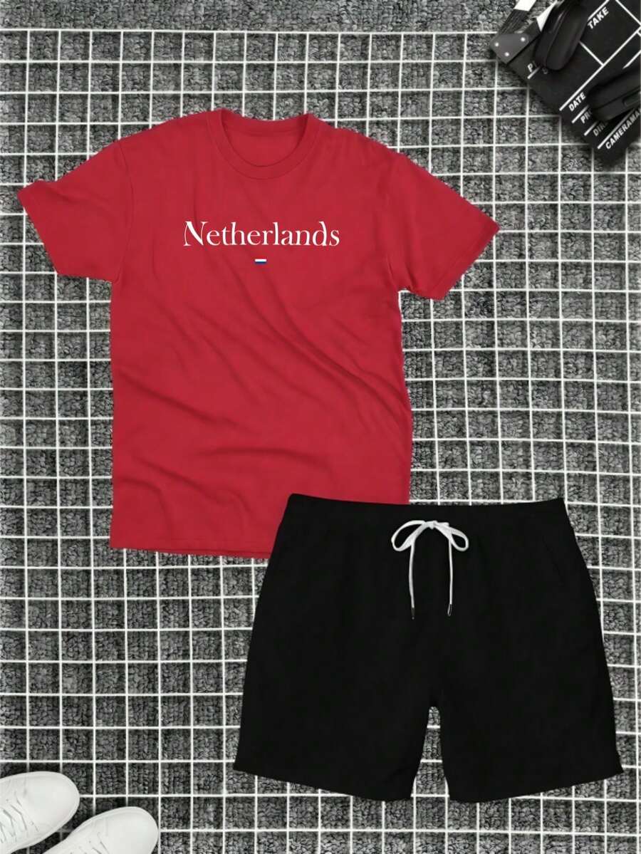 Netherlands Kit Cotton T-Shirt + Tectel Shorts Summer Set - 紅色 - 查看 1