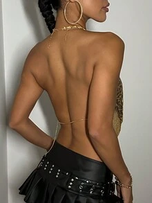 Rave Leopard Print Sparkling Rhinestone Draped Collar Hanky Hem Chain Detail Backless Crop Metallic Gold Party Halter Top - Multicolor - View 2