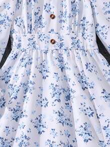 Tween Girls Ditsy Floral Bow Decor Square Collar Long Sleeve Dress, Geschikt voor Feesten en Vakanties, Lente Herfst