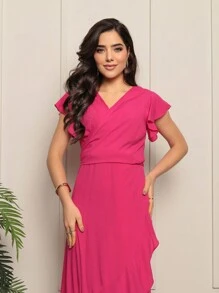 ANLE MODAS-Long Wrap Dress With Tie At The Waist - 玫紅色 - 查看 3