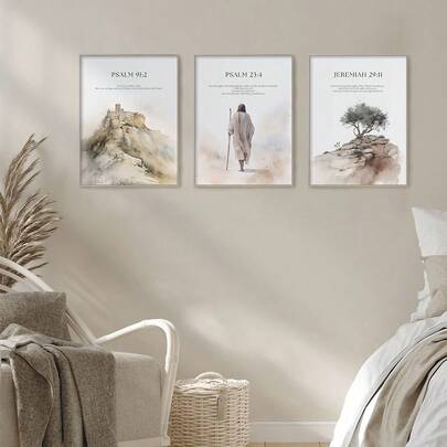 三联帆布墙画，耶稣肖像，自然风景，波西米亚风格墙饰，时尚挂毯，基督教经典礼物，适用于客厅、办公室、书房、卧室，无框礼物，生日及毕业礼物