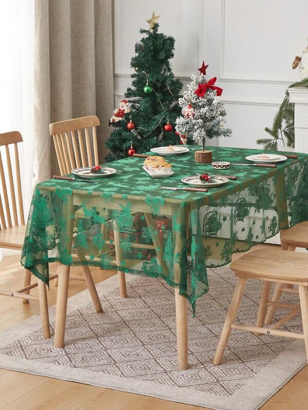 1pc Christmas Pattern Lace Tablecloth, Square Lace Tablecloth For Christmas Party Decoration, Kitchen Dining Table Decor, Home Living Room Decoration