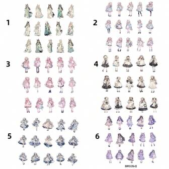 Sechs Sorten vergoldete Sticker Tüten mit Anime Mädchen Serien Charaktermotiven, PET wasserdichte selbstklebende Aufkleber. Geeignet für Fotoalben, Tagebücher, Tassen, Laptops, Handy, Scrapbooks, Zeitschriften, Schulmaterial, Schulanfang