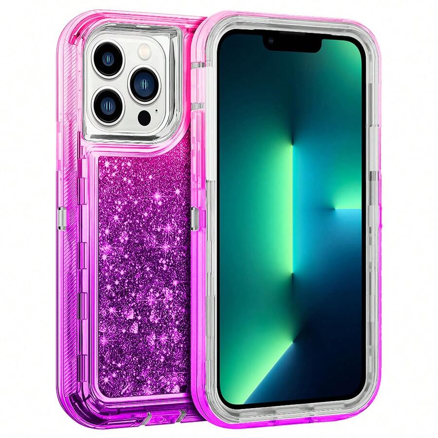 Modes Wireless For IPhone 15 Pro 6.1 Inch Dual Layer Protective Shockproof Tough Defender Sparkling Liquid Glitter Heart Case Cover - 粉紅色/紫色 - 查看 1