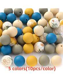 50 peças 15mm Silicone Contas Espaçadoras Redondas, Contas de Borracha com Estampa de Flores para Fazer Chaveiro Pulseira Colar Acessórios DIY