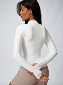 2pcs Women Fashion Solid Color Thumb Hole Long Sleeve Zipper Sports Top, Tight Outdoor Jacket