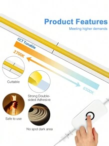 Acosh Neon USB LED Strip Lights White/Warm CCT Tunable LED Light, 5V Dimmable 2700K-6500K COB LED Tape Lights Monitor TV Backlight, Under Cabinet Light Strip For Cabinet, Bedroom, Home DIY Lighting 500Leds/M