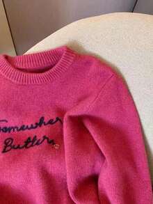 Rose Red Letter Embroidered Crew Neck Soft Sweater For Women, Autumn Winter Design Cute Knit Top