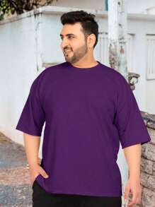 Men's Plus Size Plain 100% Cotton Casual T-Shirt New Release - 紫色 - 查看 1