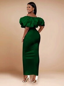 Fashionable Ruffle Short Sleeve Off-Shoulder Fitted Long Graduation Dress, Suitable For Wedding Guests, Graduation Ceremonies, Galas And Homecoming