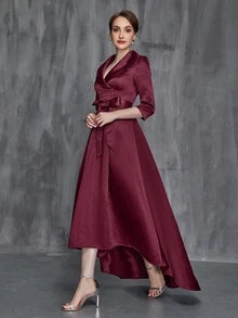 女士翻领 3/4 袖缎带系带连衣裙，优雅的新娘母亲连衣裙