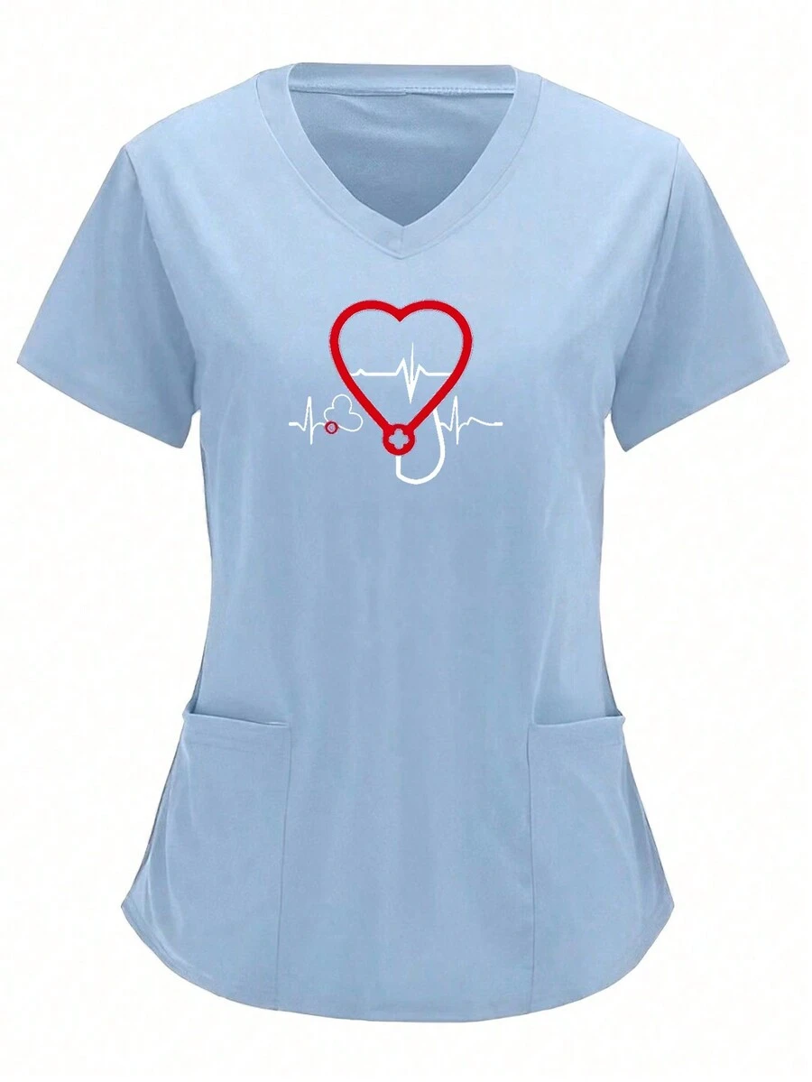 Heart Print V-Neck Nurse Uniform Scrub Top Blouse - Blue - View 1