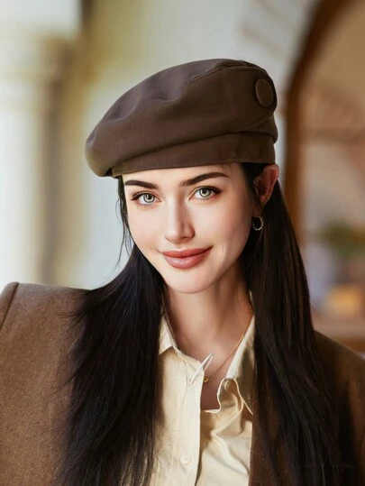 1pc Women Solid Color Beret Hat, Vintage Retro Style With Button Decor, Versatile Casual Artist Painter Cap, Elegant Quality Warm Headwear For Autumn And Daily Outdoor Use