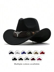 1pc Bull Pattern Casual Bohemian Style Polyester Solid Bowknot Felt Hat, Autumn/Winter Fashionable Unisex Cowboy Hat With Leather & Metal Decor