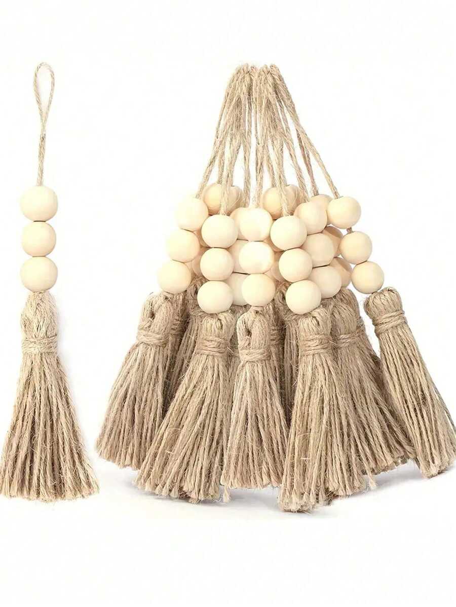 5/10/15 件黄麻绳流苏配 3 颗木珠，质朴手工装饰绳粗麻布流苏适用于树 DIY 工艺木珠花环项目婚礼家庭派对装饰品（自然色）、家居装饰、房间装饰、墙面装饰 - 彩色 - 查看 1
