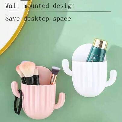 1pc Cacti Wall Hanging Storage Tube, No-Drill Wall Mount Phone/Remote Control Holder, Bathroom Toothbrush & Toothpaste Organizer, Bathroom Accessories, Room Decor