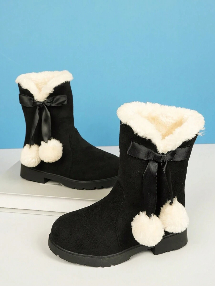 Botas para niñas, botas de nieve de princesa, botas de tubo alto cálidas y de peluche, elegantes, simples y a prueba de frío, estilo europeo y americano - Negro - Ver 1