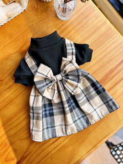 1 件宠物高领泡泡袖超大蝴蝶结格子吊带连衣裙，适合春秋季节猫狗