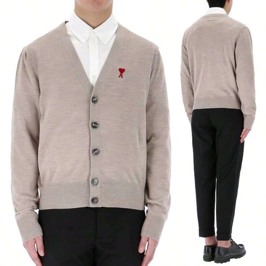 AMI Red Heart Logo Merino Wool Cardigan Beige SHEIN USA
