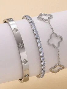 3pcs/Set Fashionable Luxury Zirconia Inlaid Clover Stainless Steel Bangle Bracelet Set For Women, Suitable For Daily Wear And Gift Valentines,Mom,Mother,Mother's Day,Gift
