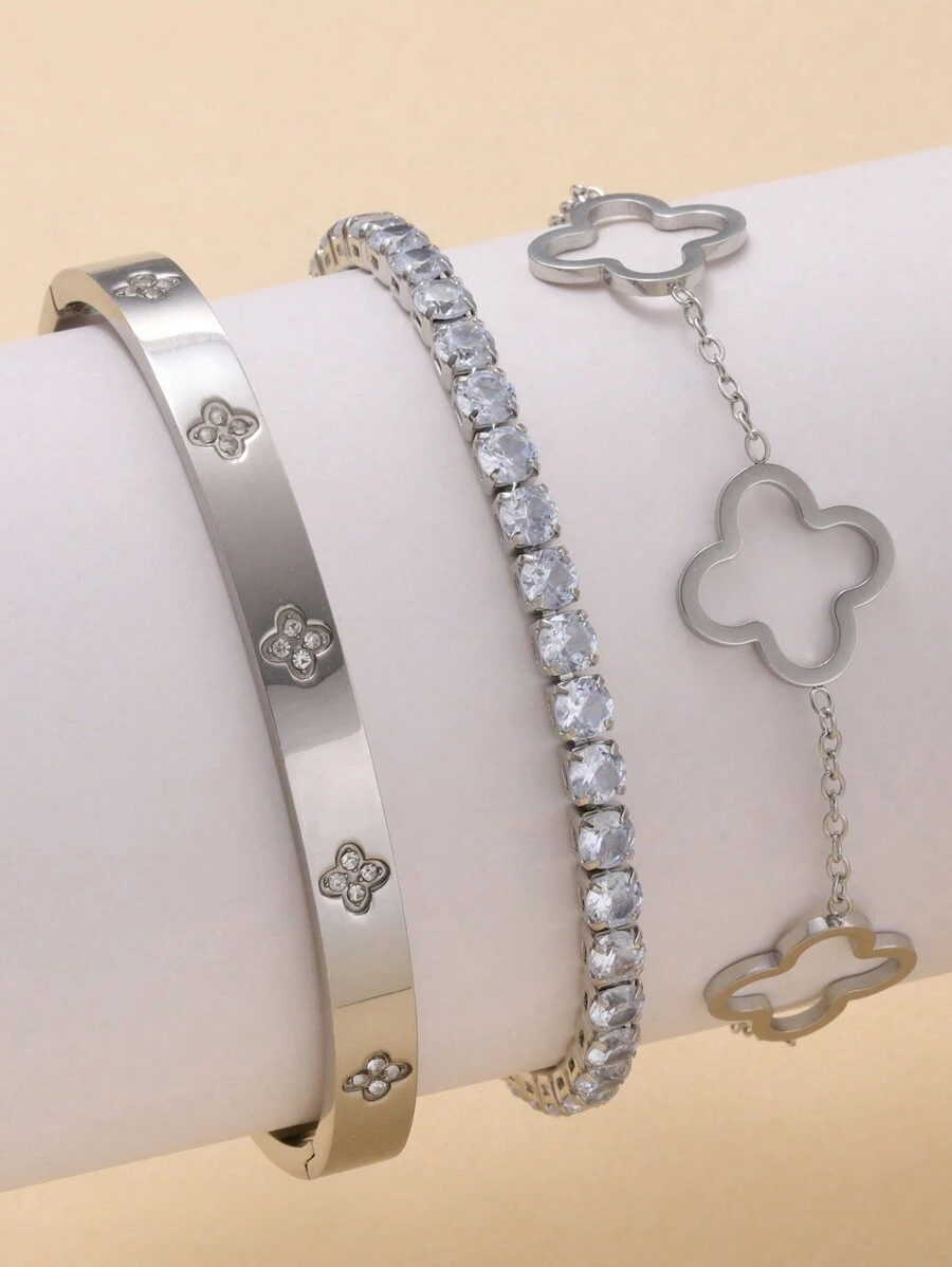 3pcs/Set Fashionable Luxury Zirconia Inlaid Clover Stainless Steel Bangle Bracelet Set For Women, Suitable For Daily Wear And Gift Valentines,Mom,Mother,Mother's Day,Gift