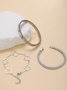 3pcs/Set Fashionable Luxury Zirconia Inlaid Clover Stainless Steel Bangle Bracelet Set For Women, Suitable For Daily Wear And Gift Valentines,Mom,Mother,Mother's Day,Gift