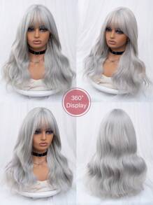 1-Piece Synthetic Heat Resistant Curly Hair With Bangs Wig Silver 20 Inch Woven Daily Natural Realistic Wig