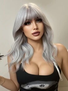 1-Piece Synthetic Heat Resistant Curly Hair With Bangs Wig Silver 20 Inch Woven Daily Natural Realistic Wig