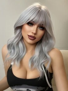 1-Piece Synthetic Heat Resistant Curly Hair With Bangs Wig Silver 20 Inch Woven Daily Natural Realistic Wig