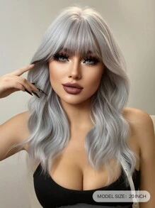 1-Piece Synthetic Heat Resistant Curly Hair With Bangs Wig Silver 20 Inch Woven Daily Natural Realistic Wig