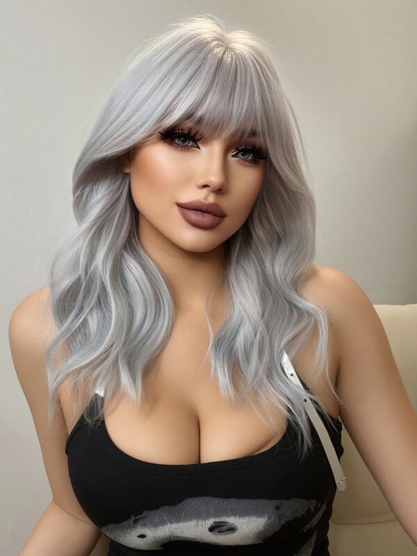 1-Piece Synthetic Heat Resistant Curly Hair With Bangs Wig Silver 20 Inch Woven Daily Natural Realistic Wig